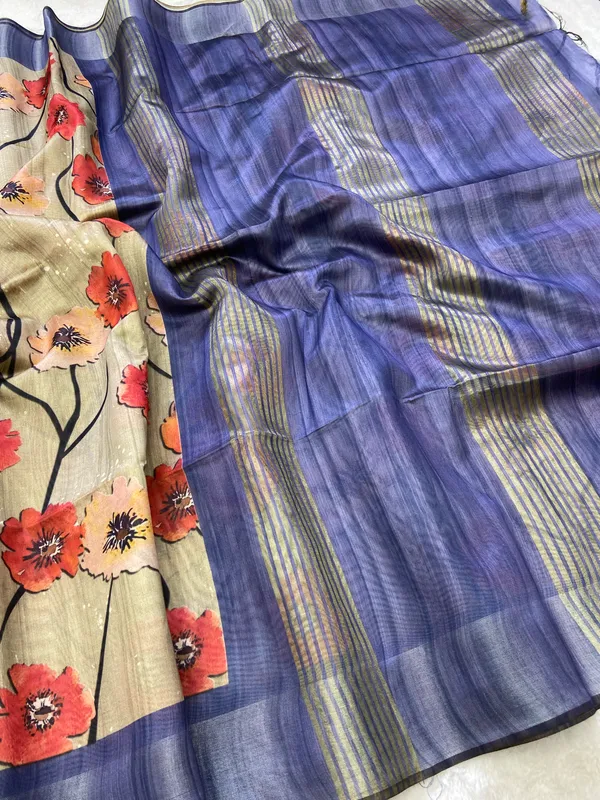 Arunima_Blue_–_Dawn_Blush_Navratri_Special_|_Soft_Tussar_Silk_Saree_with_Print,_Border_&_Contrast_Print_Blouse_with_Tassels