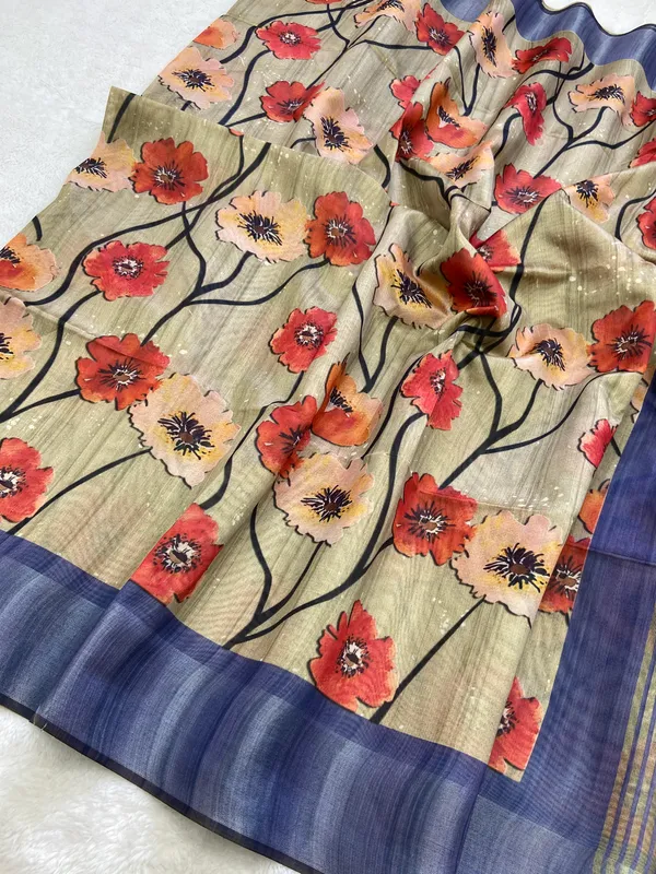 Arunima_Blue_–_Dawn_Blush_Navratri_Special_|_Soft_Tussar_Silk_Saree_with_Print,_Border_&_Contrast_Print_Blouse_with_Tassels