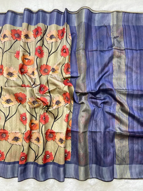 Arunima_Blue_–_Dawn_Blush_Navratri_Special_|_Soft_Tussar_Silk_Saree_with_Print,_Border_&_Contrast_Print_Blouse_with_Tassels
