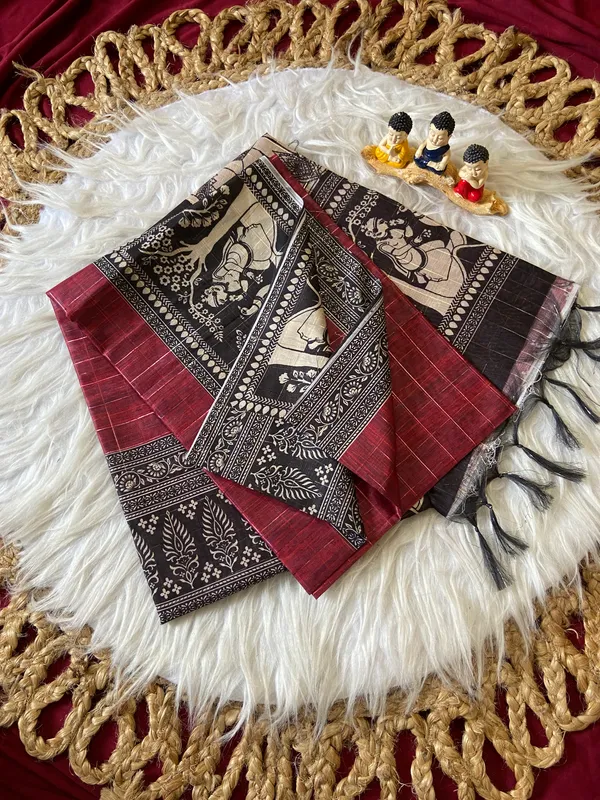 Mridula_Maroon_–_Soft_Diwali_Special_|_Soft_Semi_Tussar_Silk_Saree_with_Digital_Print,_Border_&_Contrast_Print_Blouse_with_Tassels