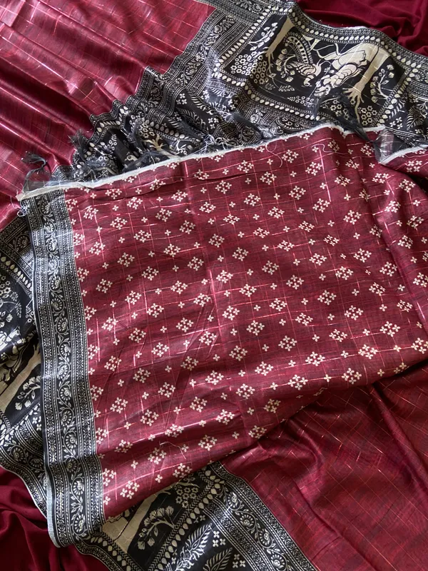 Mridula_Maroon_–_Soft_Diwali_Special_|_Soft_Semi_Tussar_Silk_Saree_with_Digital_Print,_Border_&_Contrast_Print_Blouse_with_Tassels