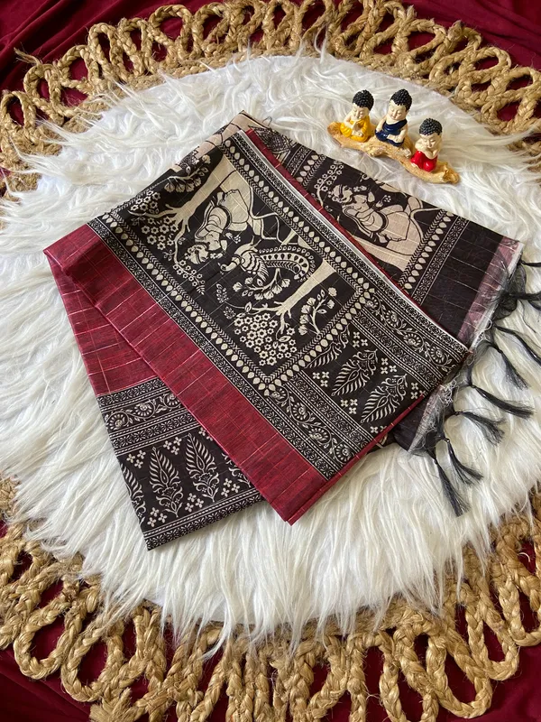 Mridula_Maroon_–_Soft_Diwali_Special_|_Soft_Semi_Tussar_Silk_Saree_with_Digital_Print,_Border_&_Contrast_Print_Blouse_with_Tassels