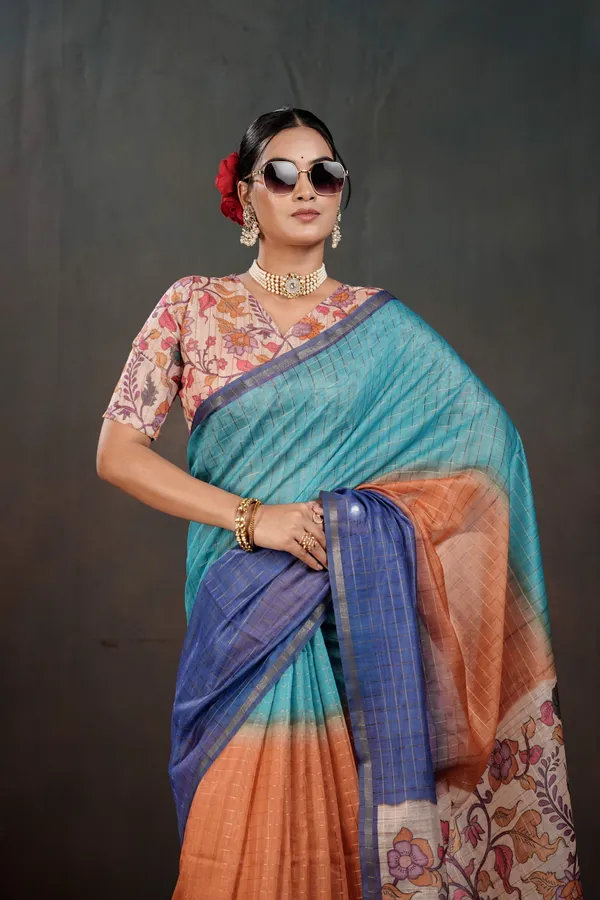 Soft_Semi_Tussar_Silk_sarees_with_Beautiful_Digital_Print_With_Attractive_Border_And_Contrast_Print_Blouse_With_Tassels