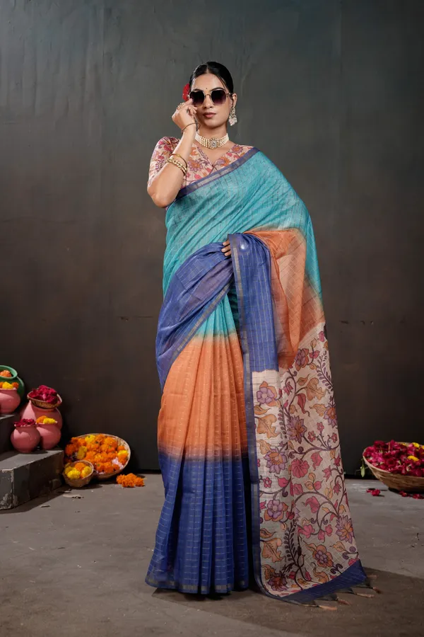 Soft_Semi_Tussar_Silk_sarees_with_Beautiful_Digital_Print_With_Attractive_Border_And_Contrast_Print_Blouse_With_Tassels