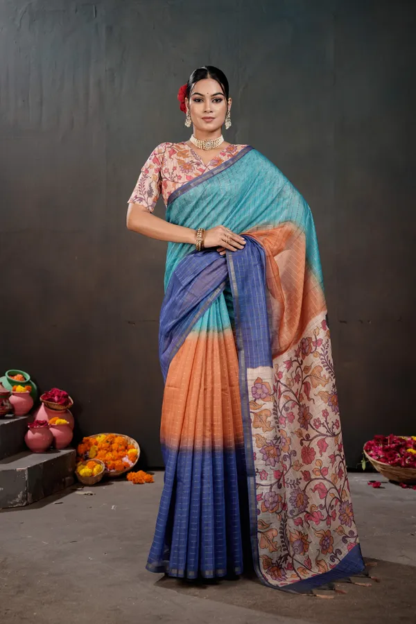 Soft_Semi_Tussar_Silk_sarees_with_Beautiful_Digital_Print_With_Attractive_Border_And_Contrast_Print_Blouse_With_Tassels