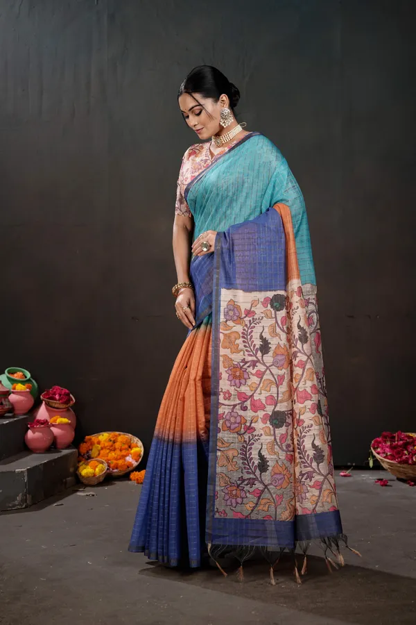 Soft_Semi_Tussar_Silk_sarees_with_Beautiful_Digital_Print_With_Attractive_Border_And_Contrast_Print_Blouse_With_Tassels