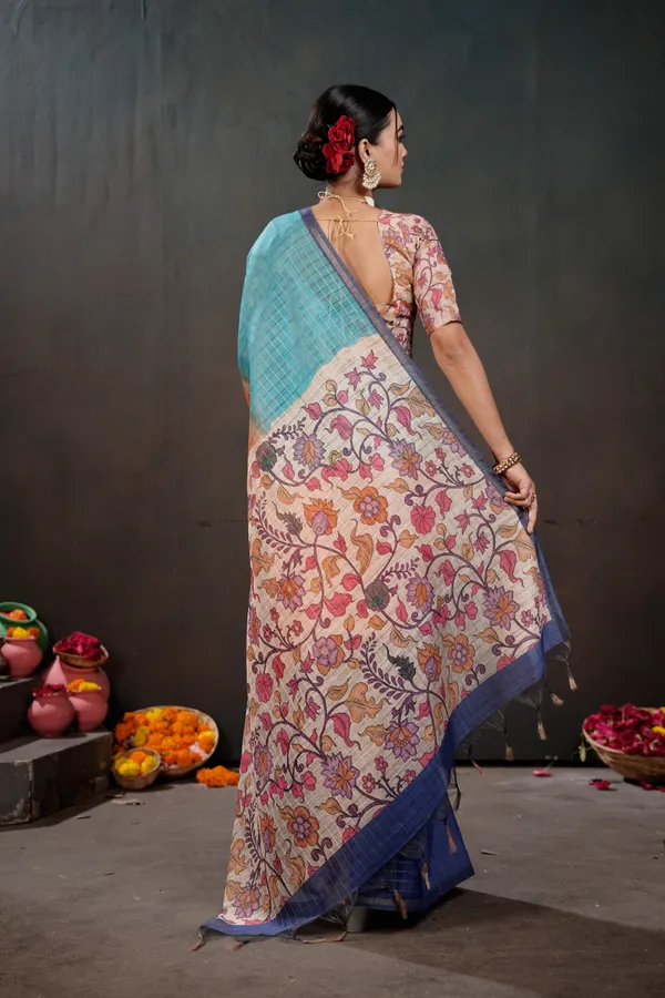 Soft_Semi_Tussar_Silk_sarees_with_Beautiful_Digital_Print_With_Attractive_Border_And_Contrast_Print_Blouse_With_Tassels