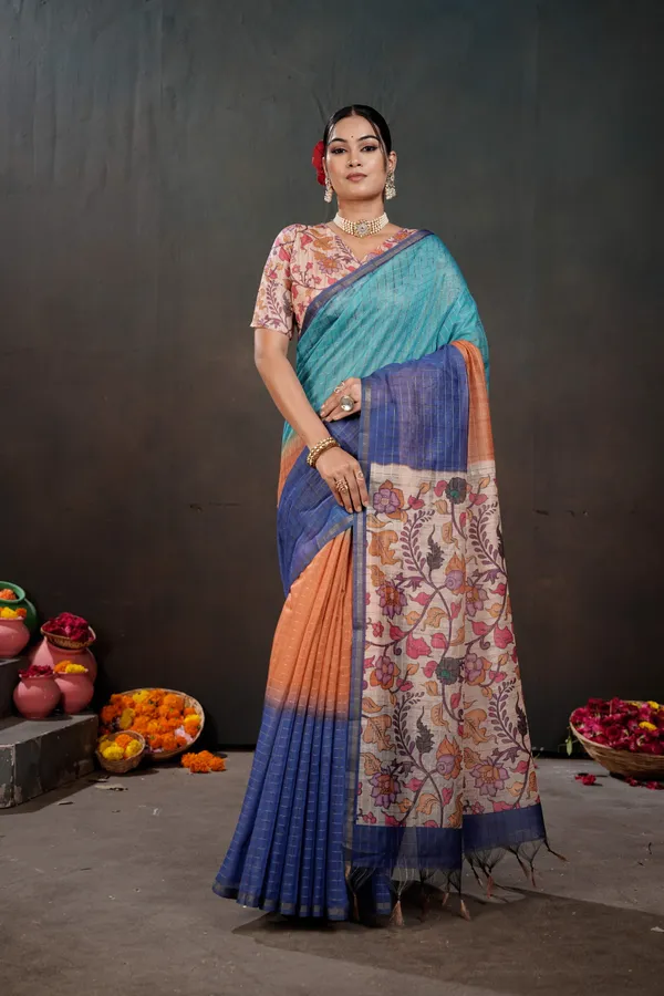 Soft_Semi_Tussar_Silk_sarees_with_Beautiful_Digital_Print_With_Attractive_Border_And_Contrast_Print_Blouse_With_Tassels