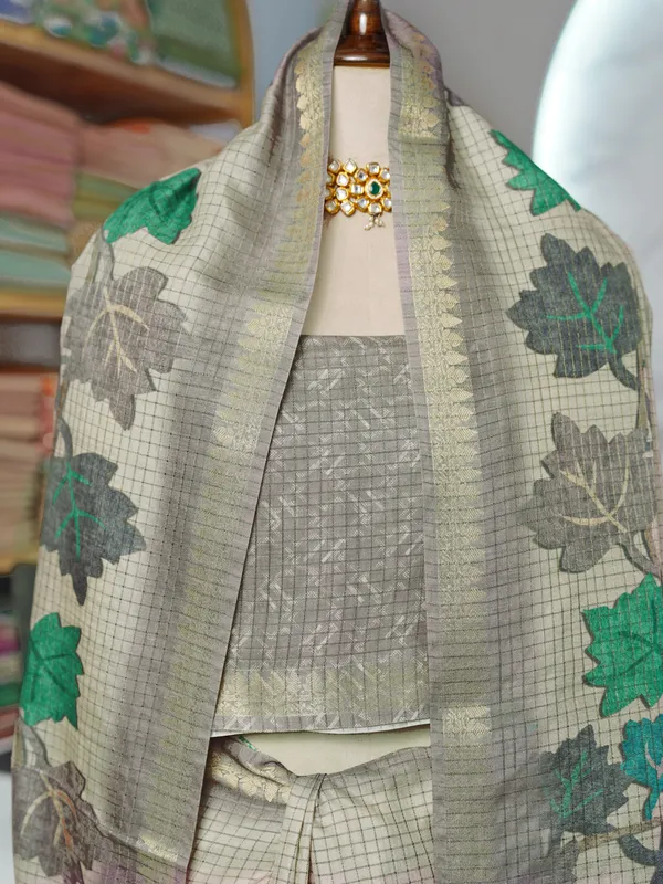 Soft_Tussar_Silk_sarees_with_Beautiful_Digital_Print_With_Attractive_Checks_Design_Saree_And_Digital_Print_Blouse_With_Tassels