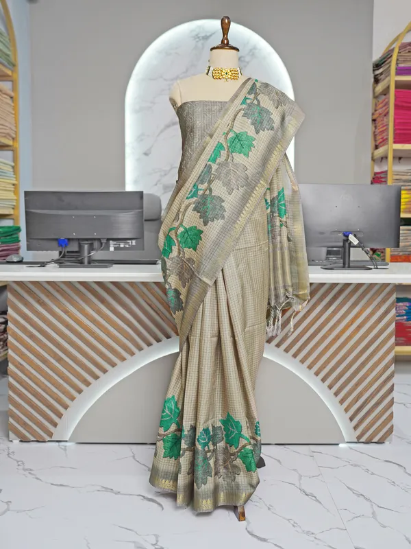 Soft_Tussar_Silk_sarees_with_Beautiful_Digital_Print_With_Attractive_Checks_Design_Saree_And_Digital_Print_Blouse_With_Tassels
