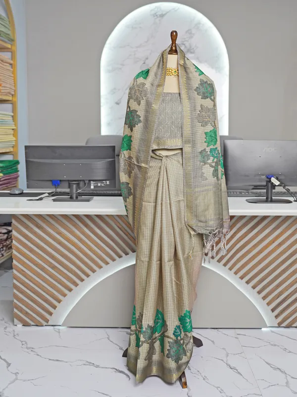 Soft_Tussar_Silk_sarees_with_Beautiful_Digital_Print_With_Attractive_Checks_Design_Saree_And_Digital_Print_Blouse_With_Tassels
