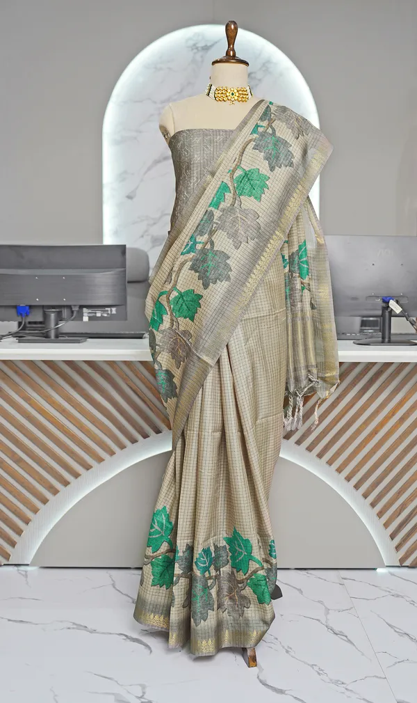 Soft_Tussar_Silk_sarees_with_Beautiful_Digital_Print_With_Attractive_Checks_Design_Saree_And_Digital_Print_Blouse_With_Tassels
