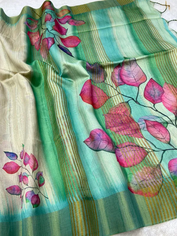 Divisha_Rama_Green_–_Navratri_Special_|_Soft_Tussar_Silk_Saree_with_Print,_Border_&_Contrast_Print_Blouse_with_Tassels