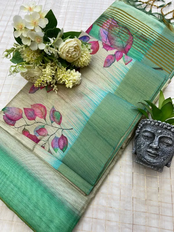 Divisha_Rama_Green_–_Navratri_Special_|_Soft_Tussar_Silk_Saree_with_Print,_Border_&_Contrast_Print_Blouse_with_Tassels