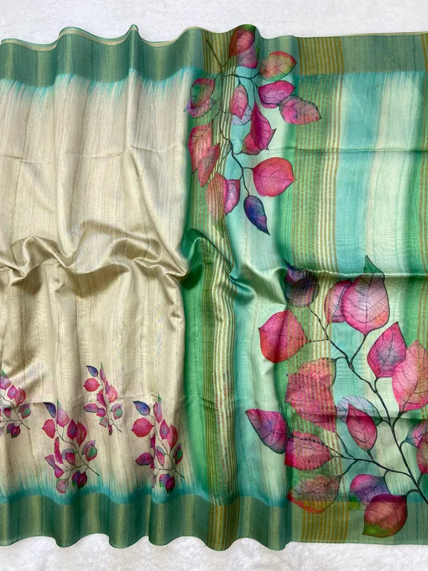 Divisha_Rama_Green_–_Navratri_Special_|_Soft_Tussar_Silk_Saree_with_Print,_Border_&_Contrast_Print_Blouse_with_Tassels
