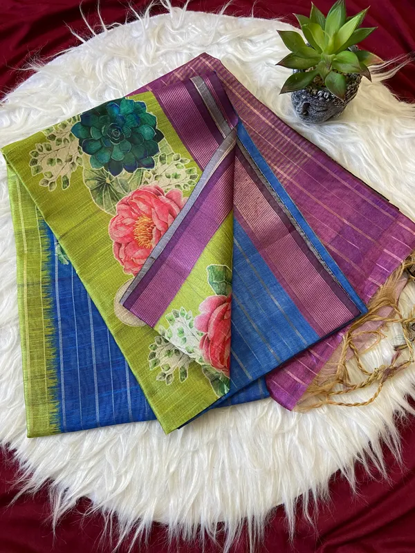 Soft_Semi_Tussar_Silk_sarees_with_Beautiful_Digital_Print_With_Attractive_Border_And_Contrast_Print_Blouse_With_Tassels