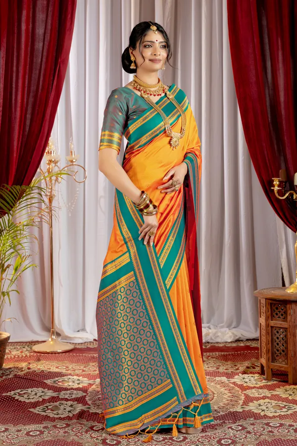Narayana_Pattu_Narayanpet_Silk_sarees_with_Beautiful_Booti_in_Contrast_Rama-Orange_Shades_With_Attractive_Weaving_Gold_Zari_Design_And_Contrast_Blouse_With_Tassels
