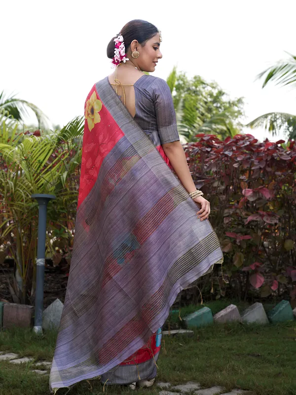 Yukti_Red_–_Diwali_Special_|_Soft_Tussar_Silk_Saree_with_Print,_Border_&_Contrast_Print_Blouse_with_Tassels