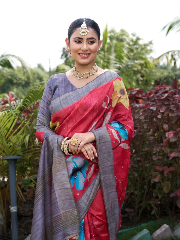 Yukti_Red_–_Diwali_Special_|_Soft_Tussar_Silk_Saree_with_Print,_Border_&_Contrast_Print_Blouse_with_Tassels
