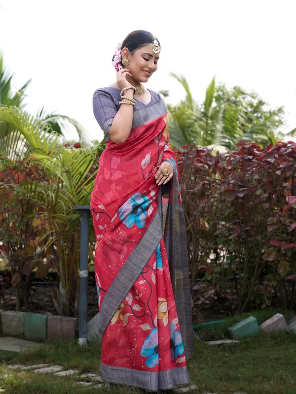 Yukti_Red_–_Diwali_Special_|_Soft_Tussar_Silk_Saree_with_Print,_Border_&_Contrast_Print_Blouse_with_Tassels
