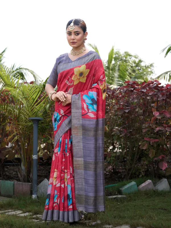 Yukti_Red_–_Diwali_Special_|_Soft_Tussar_Silk_Saree_with_Print,_Border_&_Contrast_Print_Blouse_with_Tassels