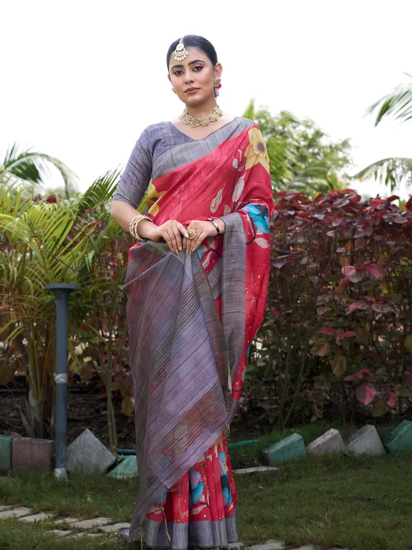 Yukti_Red_–_Diwali_Special_|_Soft_Tussar_Silk_Saree_with_Print,_Border_&_Contrast_Print_Blouse_with_Tassels