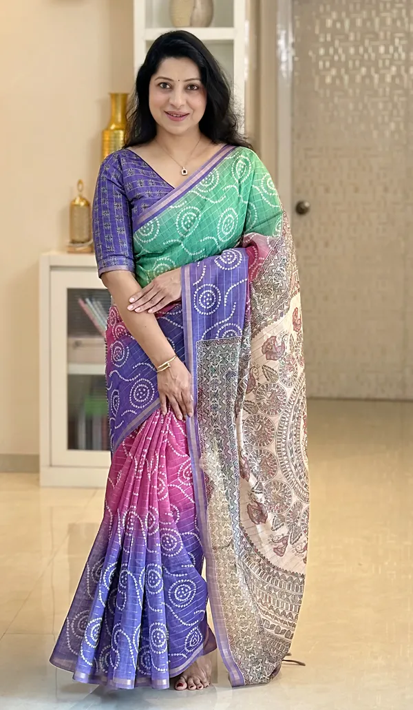 Soft_Semi_Tussar_Silk_sarees_with_Beautiful_Digital_Print_With_Attractive_Border_And_Contrast_Print_Blouse_With_Tassels