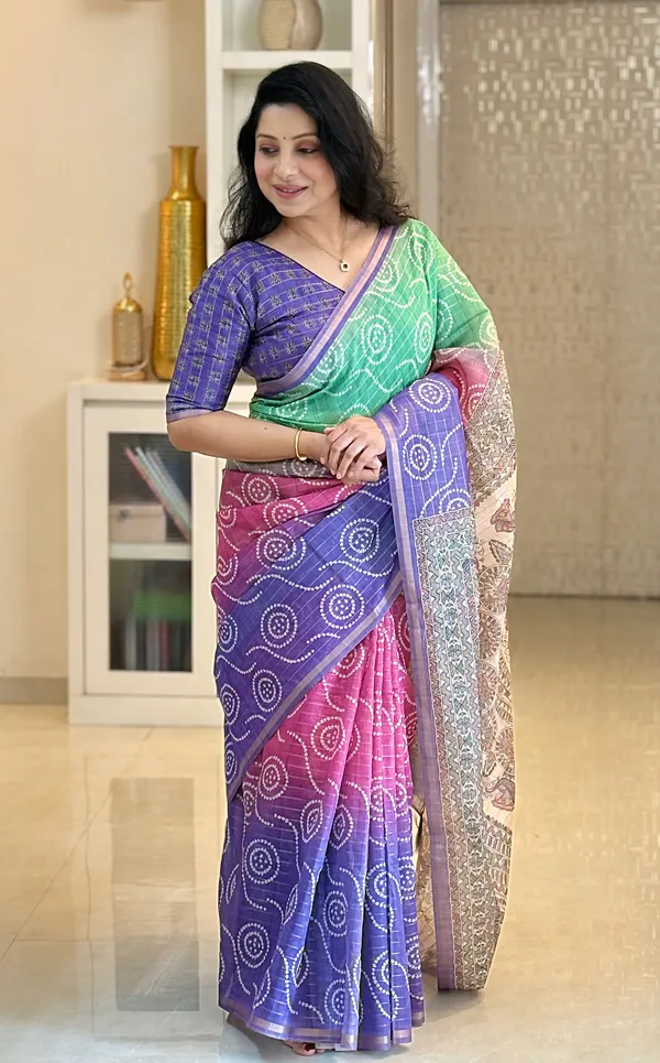 Soft_Semi_Tussar_Silk_sarees_with_Beautiful_Digital_Print_With_Attractive_Border_And_Contrast_Print_Blouse_With_Tassels