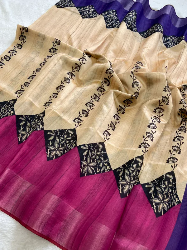 Tanya_Purple_&_Pink_–_Festive_Season_Special_|_Soft_Tussar_Silk_Saree_with_Print,_Border_&_Contrast_Print_Blouse_with_Tassels