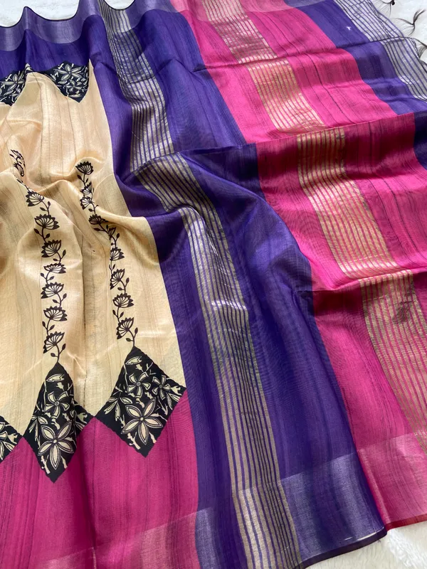Tanya_Purple_&_Pink_–_Festive_Season_Special_|_Soft_Tussar_Silk_Saree_with_Print,_Border_&_Contrast_Print_Blouse_with_Tassels
