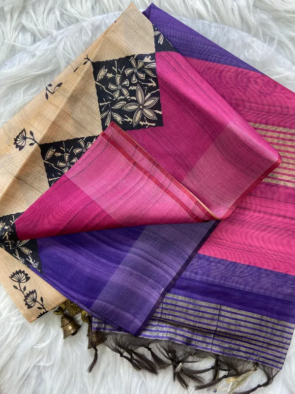 Tanya_Purple_&_Pink_–_Festive_Season_Special_|_Soft_Tussar_Silk_Saree_with_Print,_Border_&_Contrast_Print_Blouse_with_Tassels