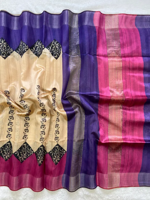 Tanya_Purple_&_Pink_–_Festive_Season_Special_|_Soft_Tussar_Silk_Saree_with_Print,_Border_&_Contrast_Print_Blouse_with_Tassels