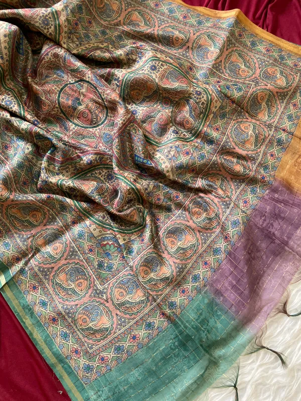 Soft_Semi_Tussar_Silk_sarees_with_Beautiful_Digital_Print_With_Attractive_Border_And_Contrast_Print_Blouse_With_Tassels