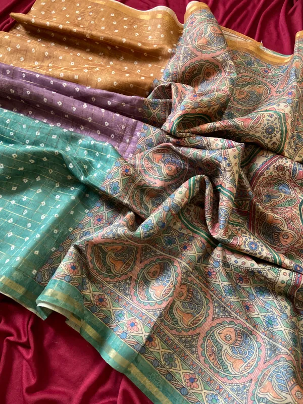 Soft_Semi_Tussar_Silk_sarees_with_Beautiful_Digital_Print_With_Attractive_Border_And_Contrast_Print_Blouse_With_Tassels