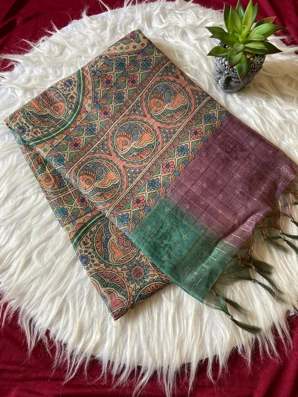 Soft_Semi_Tussar_Silk_sarees_with_Beautiful_Digital_Print_With_Attractive_Border_And_Contrast_Print_Blouse_With_Tassels