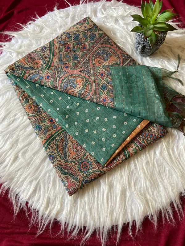 Soft_Semi_Tussar_Silk_sarees_with_Beautiful_Digital_Print_With_Attractive_Border_And_Contrast_Print_Blouse_With_Tassels