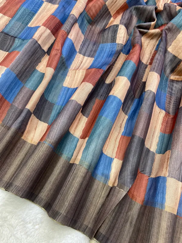 Charita_Grey_–_Aesthetic_Edit_for_You_|_Soft_Tussar_Silk_Saree_with_Print,_Border_&_Contrast_Print_Blouse_with_Tassels