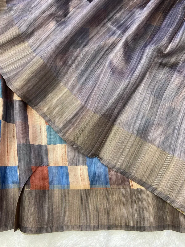 Charita_Grey_–_Aesthetic_Edit_for_You_|_Soft_Tussar_Silk_Saree_with_Print,_Border_&_Contrast_Print_Blouse_with_Tassels