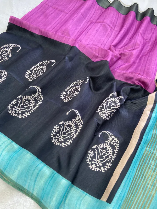 Chaitali_Wine_–_Diwali_Special_|_Soft_Tussar_Silk_Saree_with_Print,_Border_&_Contrast_Print_Blouse_with_Tassels