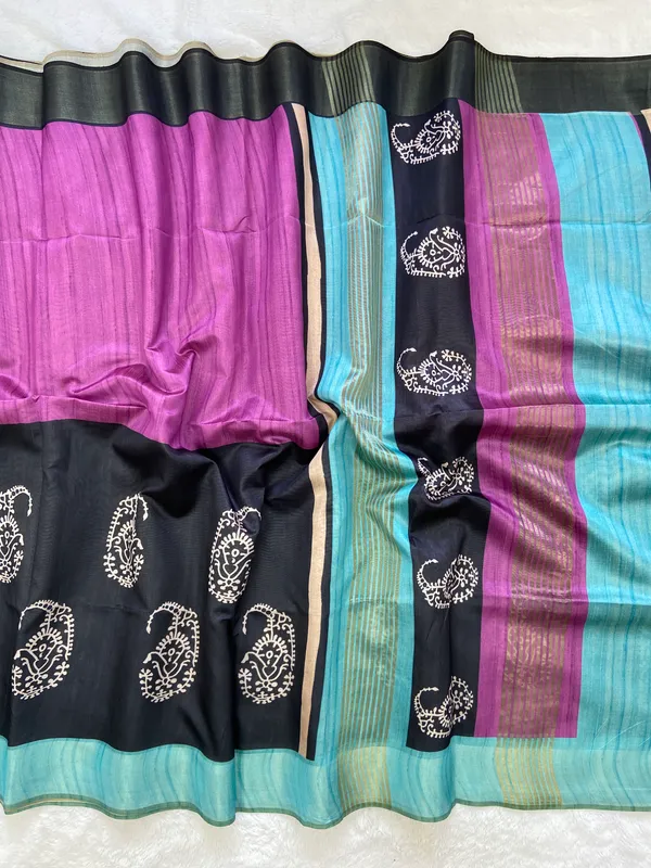 Chaitali_Wine_–_Diwali_Special_|_Soft_Tussar_Silk_Saree_with_Print,_Border_&_Contrast_Print_Blouse_with_Tassels
