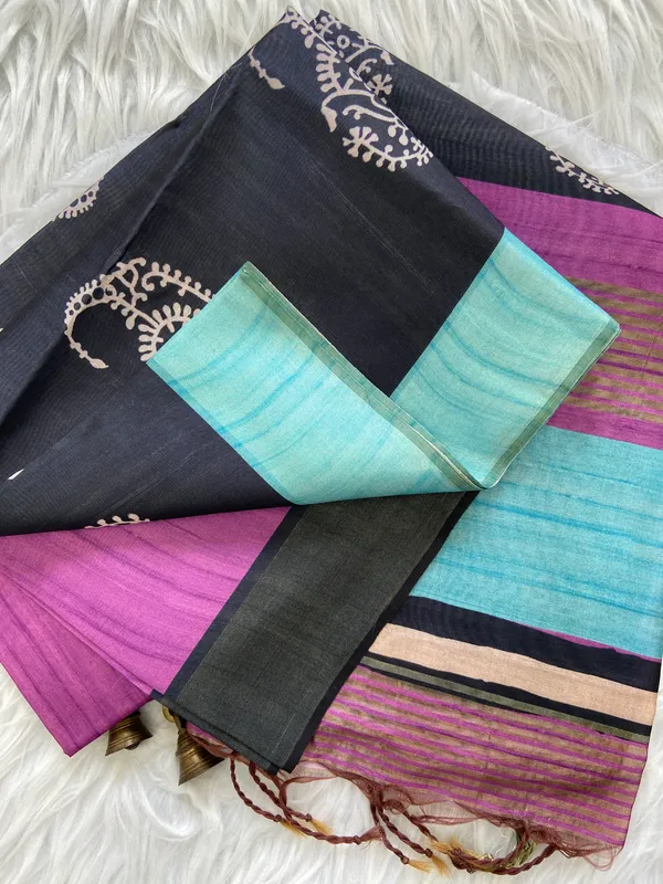 Chaitali_Wine_–_Diwali_Special_|_Soft_Tussar_Silk_Saree_with_Print,_Border_&_Contrast_Print_Blouse_with_Tassels