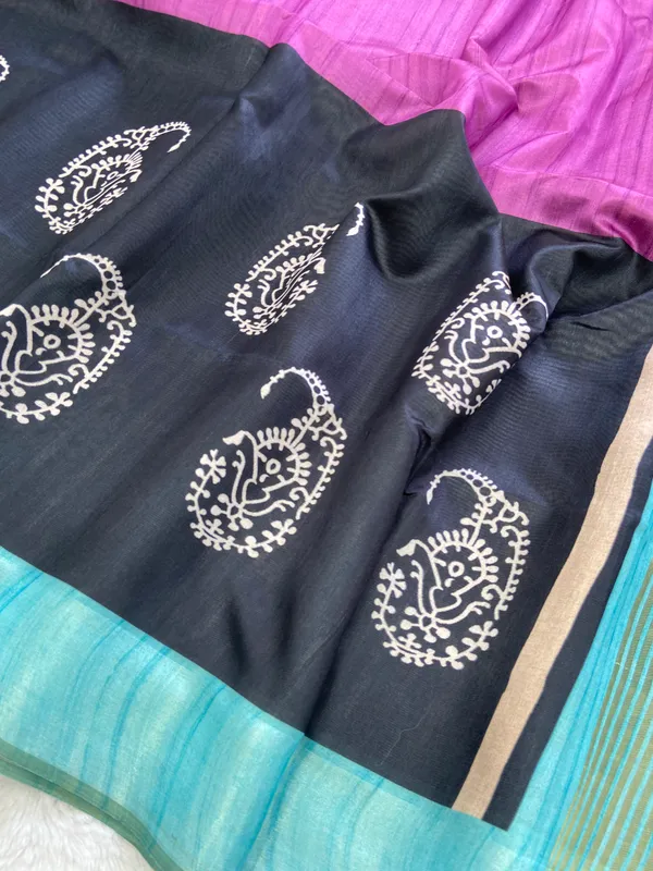 Chaitali_Wine_–_Diwali_Special_|_Soft_Tussar_Silk_Saree_with_Print,_Border_&_Contrast_Print_Blouse_with_Tassels