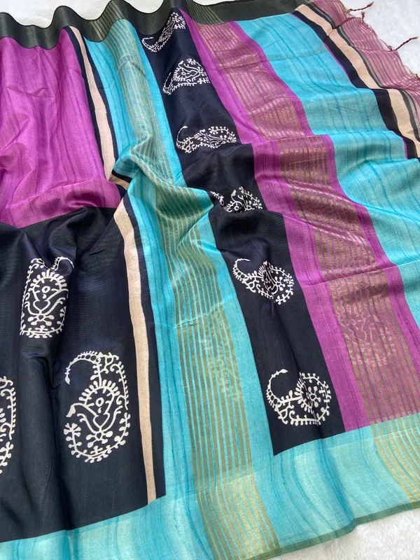 Chaitali_Wine_–_Diwali_Special_|_Soft_Tussar_Silk_Saree_with_Print,_Border_&_Contrast_Print_Blouse_with_Tassels