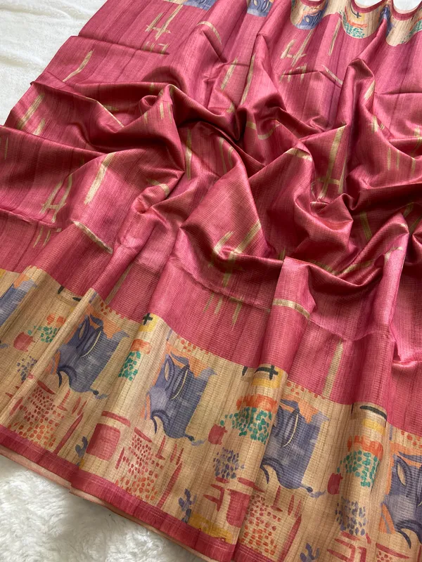 Soft_Tussar_Silk_sarees_with_Beautiful_Print_With_Attractive_Pallu_And_Contrast_Print_Blouse_With_Tassels