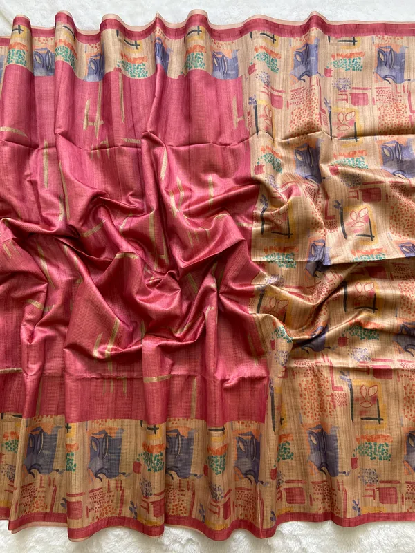 Soft_Tussar_Silk_sarees_with_Beautiful_Print_With_Attractive_Pallu_And_Contrast_Print_Blouse_With_Tassels
