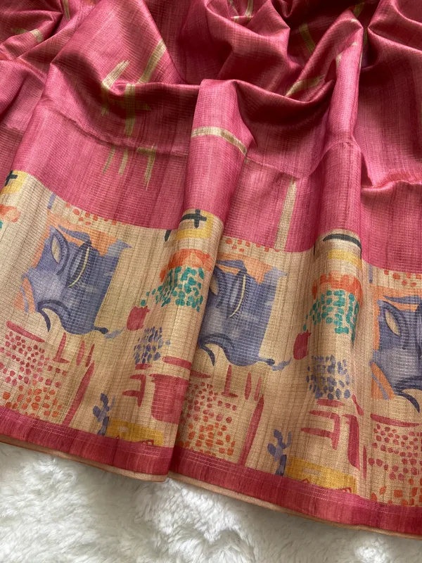 Soft_Tussar_Silk_sarees_with_Beautiful_Print_With_Attractive_Pallu_And_Contrast_Print_Blouse_With_Tassels