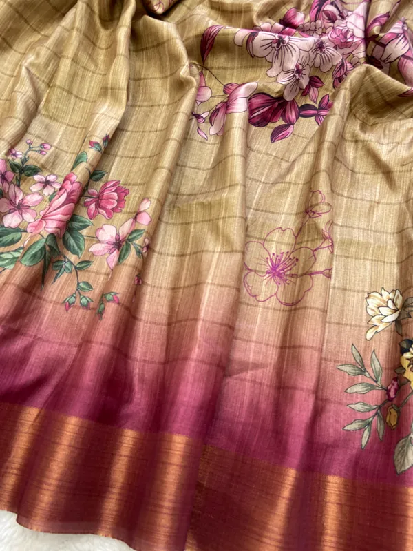 Soft_Tussar_Silk_sarees_with_Beautiful_Print_With_Attractive_Border_And_Contrast_Print_Blouse_With_Tassels