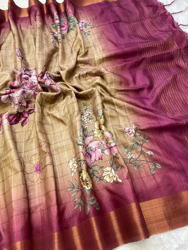 Soft_Tussar_Silk_sarees_with_Beautiful_Print_With_Attractive_Border_And_Contrast_Print_Blouse_With_Tassels