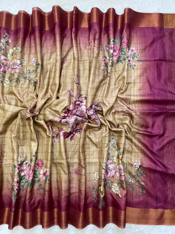 Soft_Tussar_Silk_sarees_with_Beautiful_Print_With_Attractive_Border_And_Contrast_Print_Blouse_With_Tassels