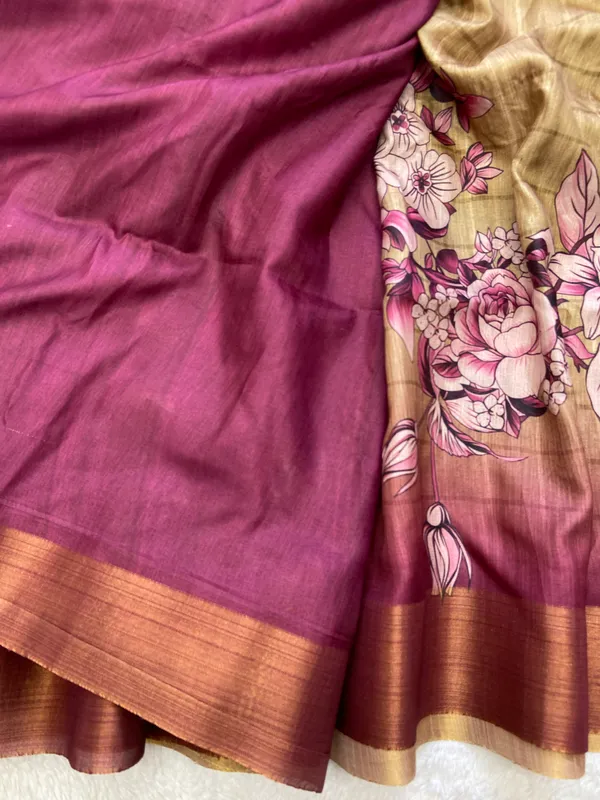 Soft_Tussar_Silk_sarees_with_Beautiful_Print_With_Attractive_Border_And_Contrast_Print_Blouse_With_Tassels